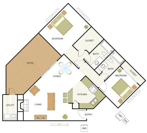 Floor plan for 2 beds, 2 baths, 1042 sqft